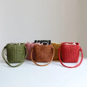 Women’s Casual Fashion Bucket Crossbody Shoulder Bag Genuine Leather Hand Woven Small Cowhide Design Drawstring Closure Soft