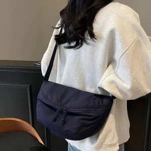 Women’s Casual Hobo Bags Waterproof Portable Shoulder Chest Bag with Zipper Closure and Rivet Decoration Solid Color