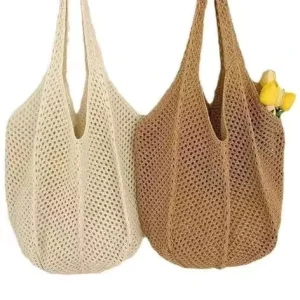 Women’s Casual Large Capacity Cotton Woven Shoulder Bag New Hollow Eco Straw Design Vacation Beach Bag