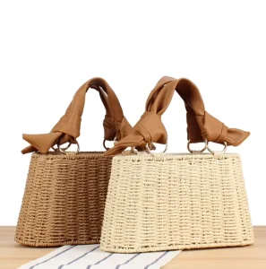 Women’s Casual Summer Rattan Shoulder Handbag New Beach Vacation Straw Woven Tote Bag Portable Drawstring Bucket Purse