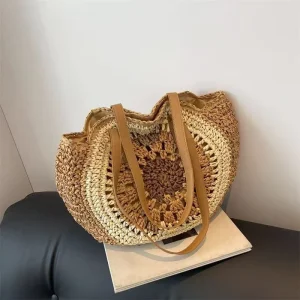 Women’s Casual Tote Shoulder Straw Bag Hollow Round Woven Large Capacity Beach Bag with Two Handles for Holiday Use