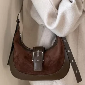 Women’s Casual Vintage Bohemian Suede Armpit Crossbody Bag Single Strap Stitching Buckle Large Capacity Polyester Lining Zipper