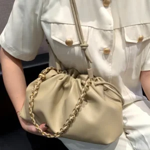 Women’s Commuter Shoulder Underarm Bag Sheepskin Leather Purse Single Strap Chains Drawstring Wallet Ladies Evening Pouch