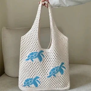 Women’s Crochet Bag Hollow Animals Pattern Knitted Shoulder Purse for Daily Use Cute Beach Bag for Shopping Travel