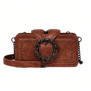 Women’s Cross-border Fashion PU Middle Square Crossbody Bag with Chain Strap Retro Design Portable