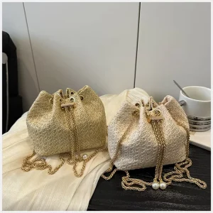 Women’s Crossbody Bag Straw Woven Shoulder Bucket Simple Drawstring Bag