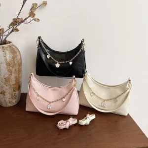 Women’s Cute Hobo Underarm Shoulder Bag with Flower Chain Pendant New Luxury PU Leather Casual Handbag for Daily