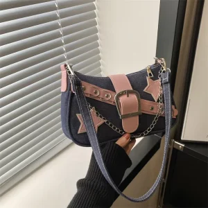 Women’s Denim Shoulder Bag Small Portable Underarm Handbag Polyester Star Rivet Armpit Purse