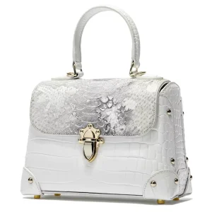Women’s Designer Style Snake Print Leather Satchel Two Tone Flap Top Handle Shoulder Bag with Decorative Lock