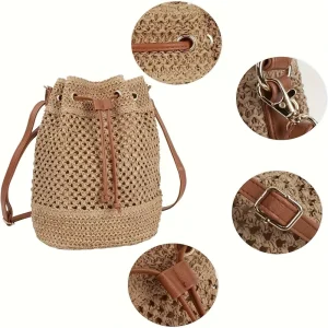 Women’s Eco Friendly New Fashion Handmade Straw Bucket Bag Woven Beach Style Joker Shoulder Messenger Drawstring Closure