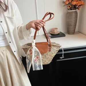 Women’s Elegant Straw Handbag Open Closure Large Size Single Shoulder Bag Natural Material Woven Bag