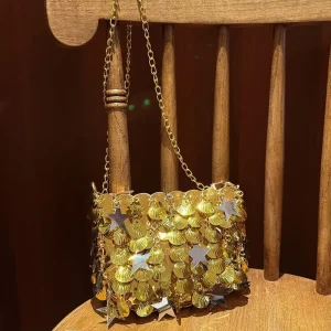 Women’s Evening Bag With Shell Woven Tassel Clutch Golden Chains Shiny Evening Bag For Women