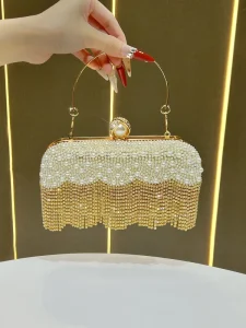 Women’s Evening Bag with Pearl Tassel Clutch Pearl Rhinestone Chains Cross Border Evening Bag for Women