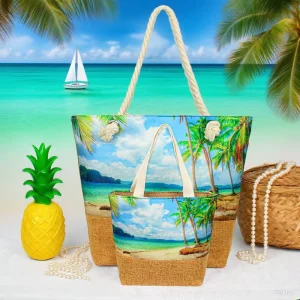 Women’s Fashion Beach Bag High Quality Large Capacity Canvas Digital Printing Zipper Waterproof Water Resistant Shoulder Tote