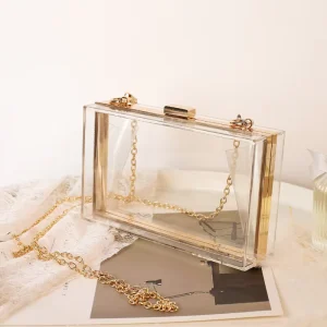 Women’s Fashion Clear Handbag with Crossbody Shoulder Chain Transparent Clutch Bag Purse Acrylic Transparent Evening Bag