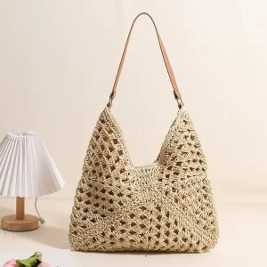 Women’s Fashion Crochet Shoulder Tote Bag Summer Beach Straw Bag with Button Closure Portable for Autumn and Spring Use