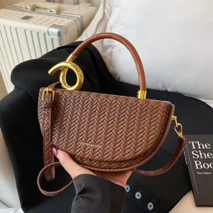Women’s Fashion Saddle Bags Braided Texture PU Leather Waterproof Box Shoulder Crossbody Bag Customizable Hand Carry