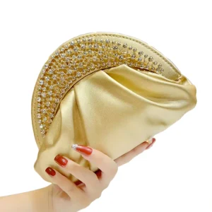 Women’s Fashion Sparkling Polyester Clutch Handbag Gold Evening Party Chain Crossbody Shoulder Bag Popular Rhinestone