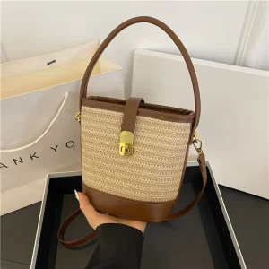 Women’s Fashion Straw Bucket Bag Summer Handmade Woven Two Straps Polyester Lining Shoulder Bag Shopping Beach Handbag