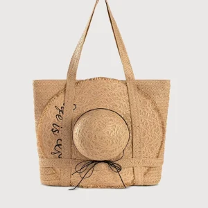 Women’s Fashion Style Straw Woven Bag with Hat Candy Pattern Vacation Style Woven Bag