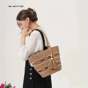 Women’s Fashion Woven Straw Single shoulder Bag Solid Color Portable Suitable for Summer Vacation and Beach