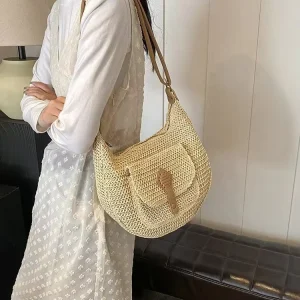 Women’s Fashion Woven Straw Single shoulder Bag Solid Color Portable Suitable for Summer Vacation and Beach