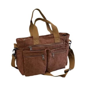 Women’s Fashionable Corduroy Tote Bag Purse Cute Hobo Shoulder Messenger Zipper Closure Multiple Pockets Aesthetic Handbag