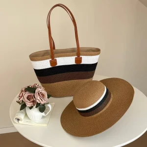 Women’s Fashionable Large Capacity Canvas Tote Bag Open Closure Straw Sun Hat for Summer Beach Travel