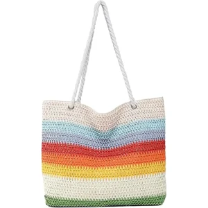 Women’s Fashionable Summer Tote Bag Large Capacity Waterproof PU Zipper Closure Lined Polyester Stylish Straw Shoulder Shopping