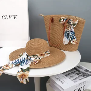 Women’s Floppy Straw Beach Hat and Bag Set Wide Brim Sun Hat with Bow Summer Vacation Tote Bag 2 Piece