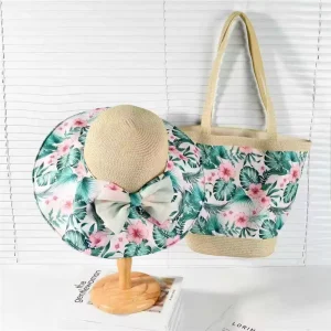 Women’s Floppy Sun Hat with Large Capacity Woven Beach Bag Stylish for Outdoor Summer Vacation Beach Straw Hat Set