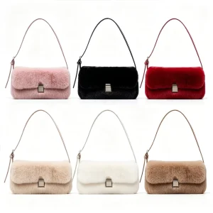 Women’s Fluffy Faux Fur Shoulder Bag Metal Buckle Flap Winter Underarm Plush Shoulder Bag Eco friendly Faux Fur Handbag ODM