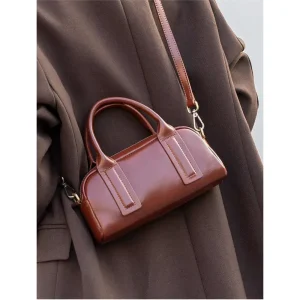 Women’s Genuine Leather Boston Bag Medium Top Layer Cowhide Handbag with Zipper Urban Minimalist Shoulder Bag