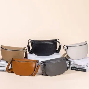 Women’s Genuine Leather Fanny Pack Crossbody Bag Sling Bumbag with Fashionable Belt Handbags for Vacation Essentials