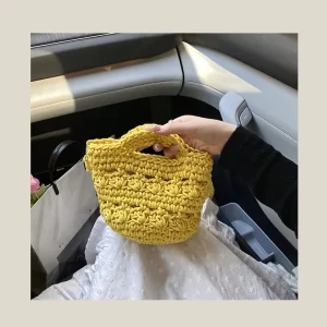 Women’s Hand Woven Paper Rope Bag Small Cylinder Crossbody Straw Bucket Bag Open Fashionable Beach Shoulder Bag