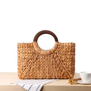 Women’s Handbag Portable Square Rattan Style Seagrass Straw Clutch Bag with Large Capacity