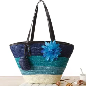 Women’s Handmade Crochet Weave Tote Bag Large Zippered Straw Embroidery Polyester Lining Chain for Summer Winter Spring Beach