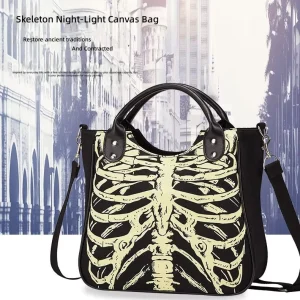 Womens High End Halloween Themed Quirky Skull Skeleton Canvas Print Three Strap Shoulder Crossbody Bag Trendy Cool Glowing
