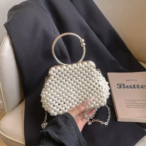 Women’s High End Hand Woven Pearl Fashion Bag Vintage Evening Clutch with String Closure Bags Large Capacity Fashion Lady Bag