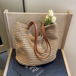 Women’s Knitted Handbag Canvas Mesh Crochet Beach Hobo Bag Casual Shoulder Tote Bag for Gift