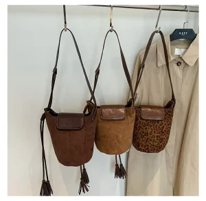 Womens Korean Style INS Stylish Small Bucket Bag Fashion Retro Leopard Print Phone Bag Shoulder Crossbody Bag