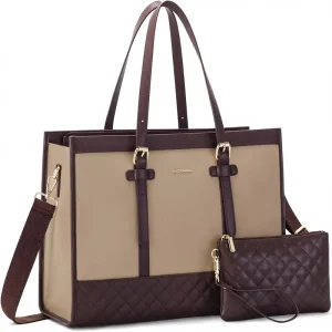 Women’s Laptop Tote 15.6 Inch Canvas Quilted Zipper Closure Large Capacity Clutch Purse Casual Office Business Travel