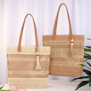 Women’s Large Capacity Beach Straw Woven Tote Bag Zip Closure Tassel Portable Handbag