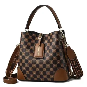 Women’s Large Capacity Bucket Bag Plaid Design with Two Handle Straps Zipper Closure PU Lining for Summer