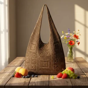Women’s Large Capacity Crochet Tote Bag Solid Color Open Closure Customizable Summer Beach Polyester Material Fashion Bag Winter