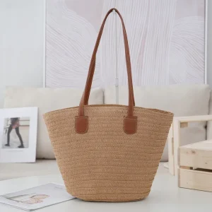 Women’s Large Capacity Fashion Handbag Tote Straw Beach Bag with Portable Leather Handles for Summer and Autumn Seasons