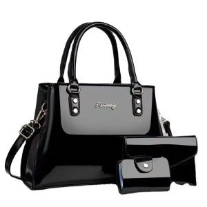 Women’s Large Capacity Handbags Three-Piece Set of Shiny Leather Simple Versatile Fashionable Bags with Zipper Closure