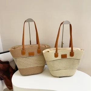 Women’s Large Capacity Striped Woven Tote Bag New Spring Summer Fashionable Trendy Style Ladies Shoulder Beach Travel Bag Straw