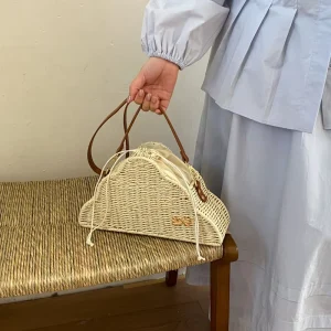 Women’s Large Capacity Summer Beach Tote Bag Hand Woven Mesh Rope Special Shape Fashionable Straw Shoulder Bag
