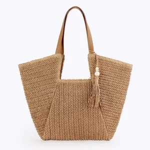 Women’s Large Capacity Summer Vacation Woven Vertical Striped Beach Shopping Bag Spliced Daily Shoulder Bag